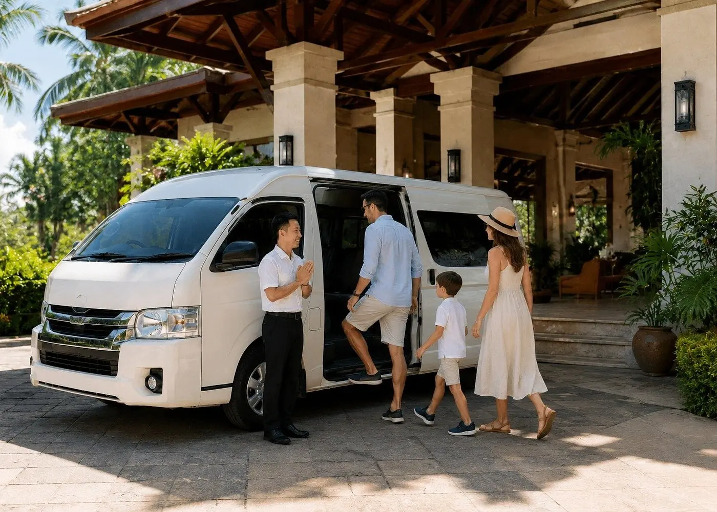 A family stepping into a white minivan under a covered entrance.