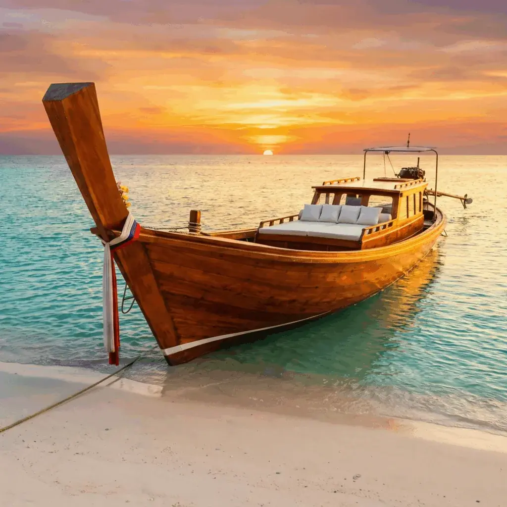 A wooden longtail boat moored at the edge of the sand at sunset.
